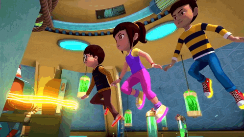 a group of cartoon characters are flying in the air
