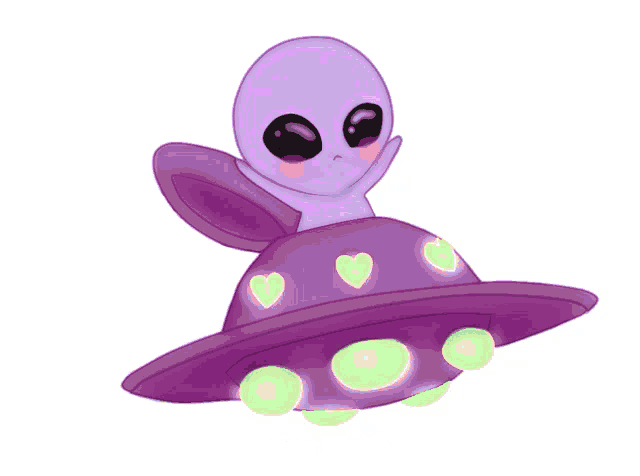 a purple alien is flying in a purple saucer with hearts on it and the words from pluto above it