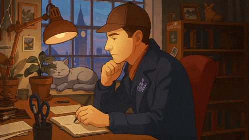 a man sits at a desk in front of a window with a cat sleeping on the window sill