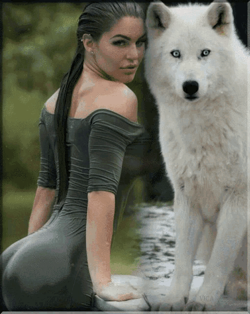 a woman in a grey dress is standing next to a white wolf with blue eyes
