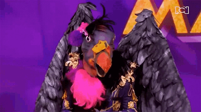 a person dressed as a bird with wings and a pink beard is standing on a stage .