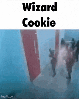 a group of people are standing in front of a door with the words `` wizard cookie '' written above them .