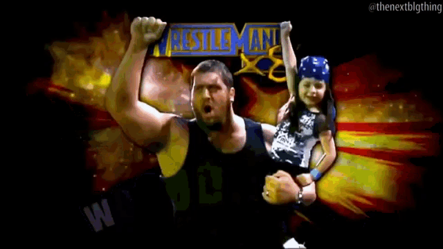a wrestler is holding a little girl who is wearing a helmet with the word woooom on it