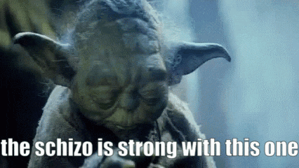 a picture of yoda with the words `` the schizo is strong with this one '' .