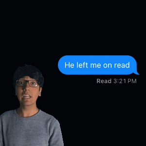 a man wearing glasses is looking at a text message that says he left me on read