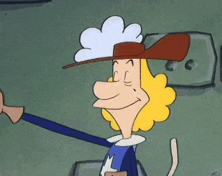 a cartoon character wearing a hat and gloves is smiling