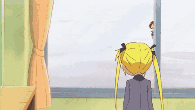 a girl with yellow hair looks out a window