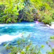 a painting of a river with trees in the background