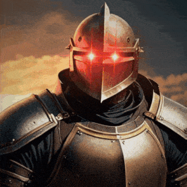 a knight with red eyes and a helmet on