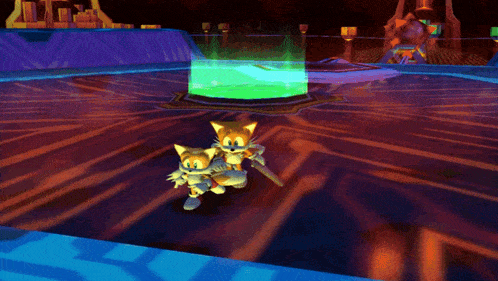 a couple of cartoon characters standing in front of a green light