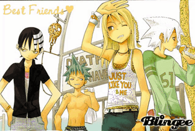 a group of anime characters standing in front of a death wave sign