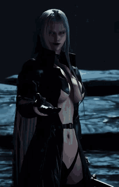 a woman with long white hair is holding a gun in her hand