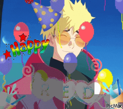 a picture of a man wearing a party hat and balloons with the words happy birthday red written on it