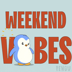 a penguin is standing in front of the word weekend vibes