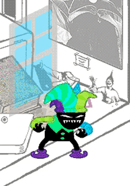 a cartoon of a jester with a green hat and purple shoes