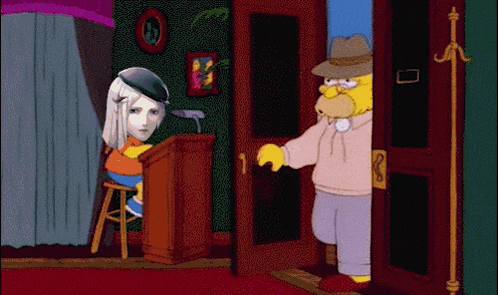 a cartoon of homer simpson standing in a doorway next to a woman