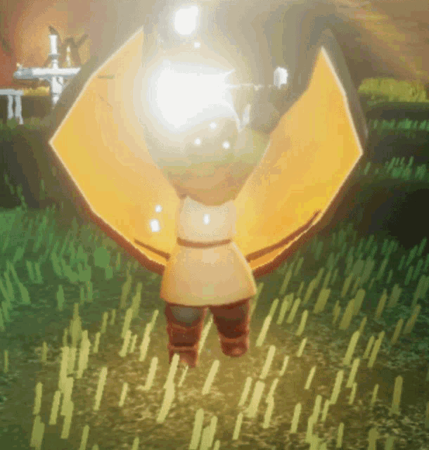 a cartoon character is standing in a field with a yellow cape on