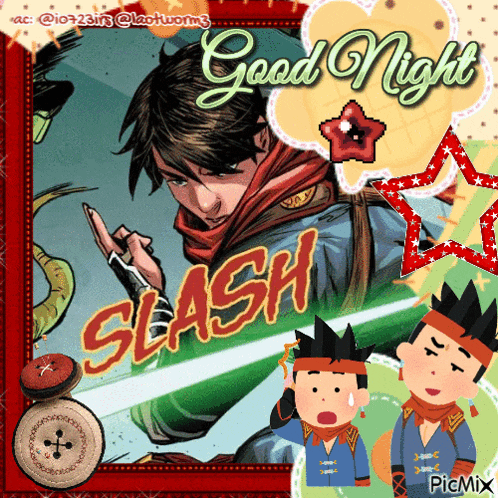 a picture of a man holding a sword with the words good night slash