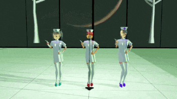 three nurses are dancing in a room with trees behind them