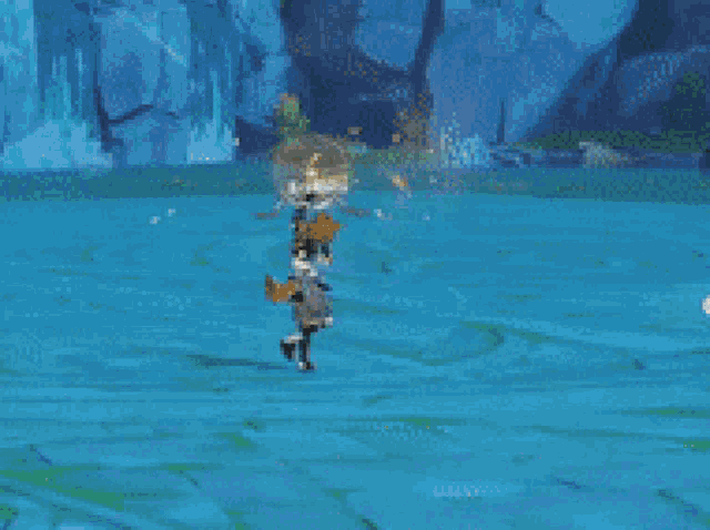 a person is standing in a circle of bubbles in a video game with a waterfall in the background .
