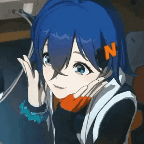 a blue haired anime girl with an n on her head