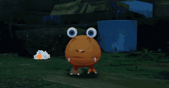 a cartoon character with red eyes and teeth is standing in the grass