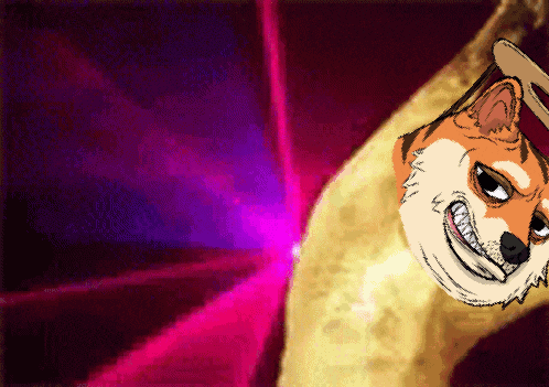 a pixel art of a doge with a pink light behind it