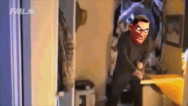 a cartoon of a man standing in a room with a sword in his hand .