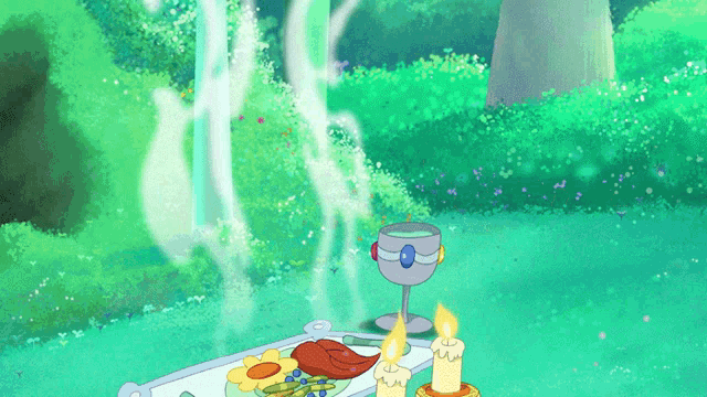 a cartoon scene with candles and a goblet in the grass