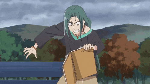 a girl with green hair is holding a book in her hand