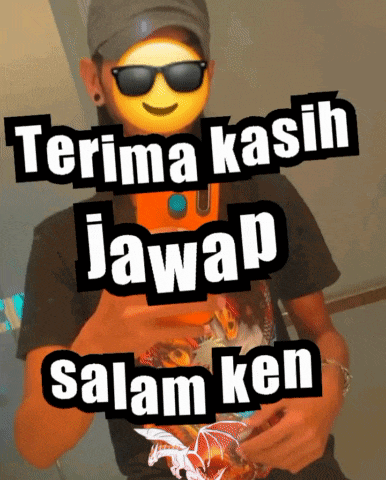 a man wearing sunglasses and a hat takes a selfie with the words terima kasih jawap salam ken above him