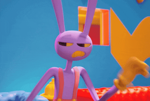a purple cartoon character with yellow eyes is pointing