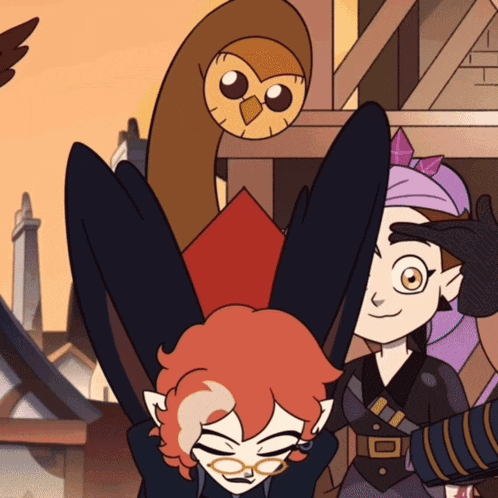a cartoon character with a bird on her head and a girl with glasses