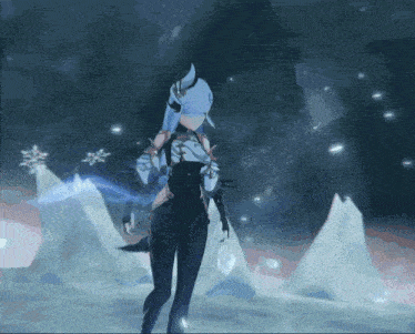 a video game character with blue hair and horns is standing in the snow