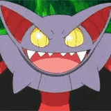 a cartoon bat with yellow eyes and sharp teeth is smiling .