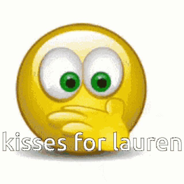 a yellow smiley face is holding a red heart with the words kisses for lauren below it