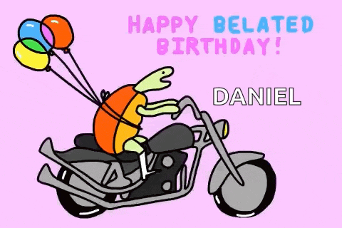 a cartoon of a turtle riding a motorcycle with balloons attached to it .
