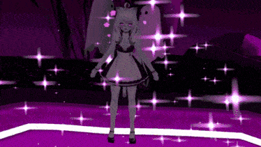 a girl in a purple dress is standing on a purple floor