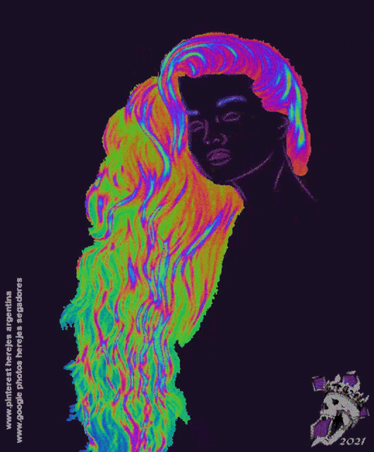 a drawing of a woman 's face with long colorful hair and the year 2021