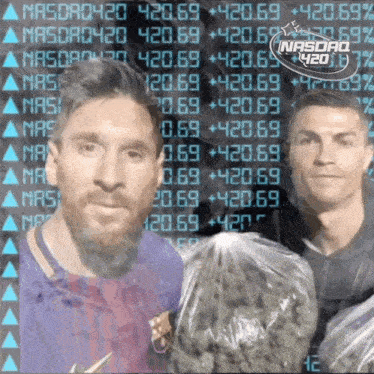 a soccer player and a soccer player holding bags of marijuana in front of a screen that says nasdaq420