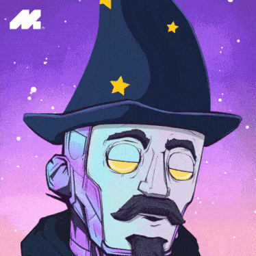 a cartoon of a man wearing a wizard hat with yellow stars on it