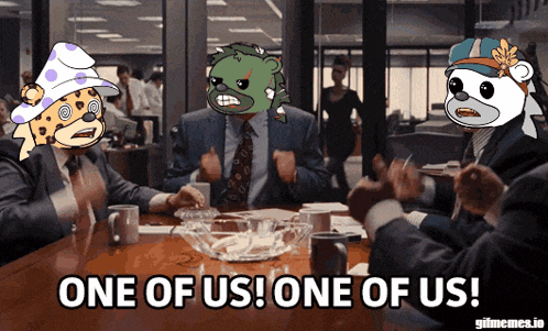 a group of people are sitting around a table and one of them says one of us