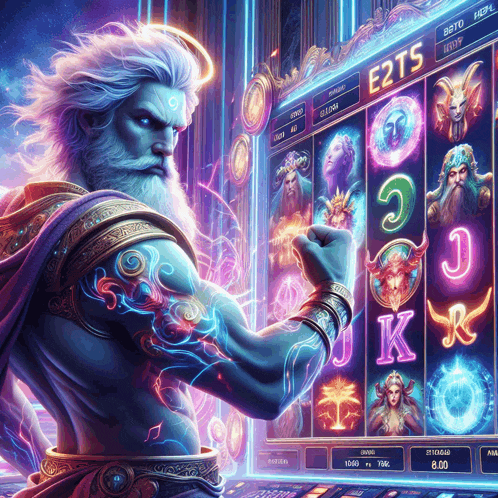 a painting of zeus playing a slot machine with the letters e2ts on the screen