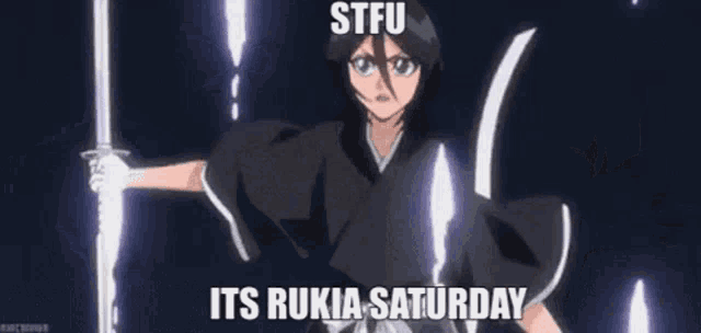 rukia from bleach is holding a pair of scissors in her hand and says it 's rukia saturday .