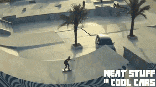 a skateboarder is doing a trick in a skate park with the words neat stuff in cool cars