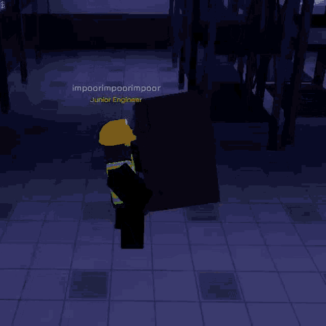 a person wearing a hard hat and safety vest is carrying a box in a dark room .