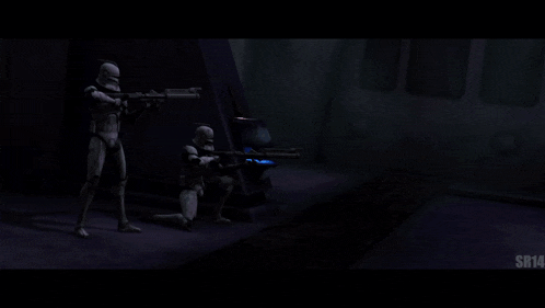 a clone trooper is holding a gun with a purple light coming out of it