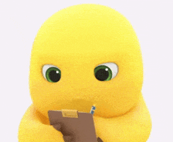 a yellow stuffed animal is holding a clipboard and looking at it