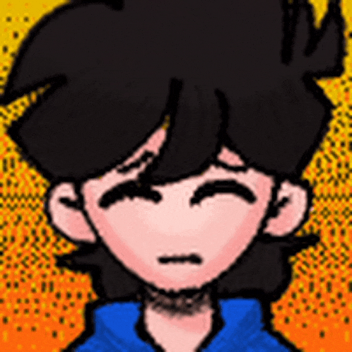 a pixel art drawing of a boy with black hair wearing a blue sweater .