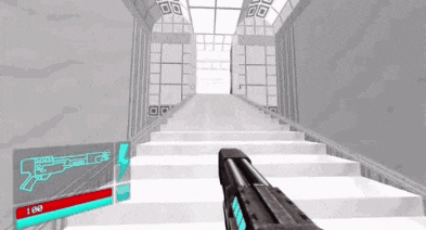 a video game character is holding a gun in a hallway with stairs .